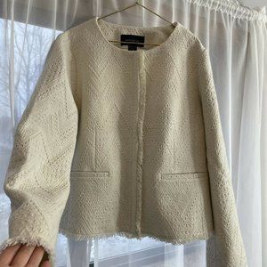 Ann Taylor Cream Textured Zip Fringe Edge Blazer Size M